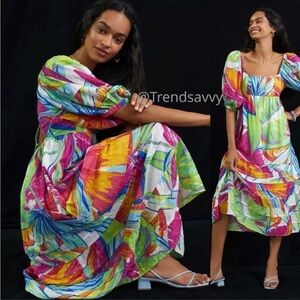 Anthropologie Farm Rio Rainbow Cutouts Leaves Midi Dress Back Tie Beads M NWT